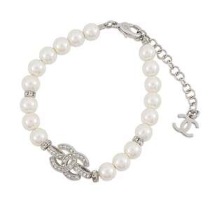 CHANEL Silver Pearl Logo Charm Bracelet
